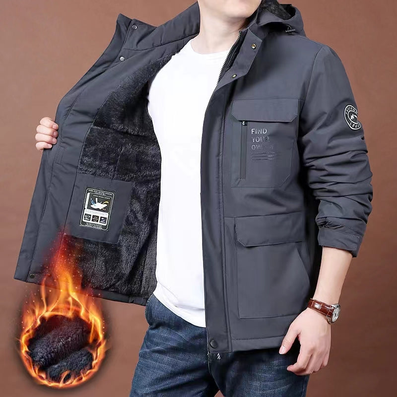 Men's windproof jacket with thickened fleece for warmth