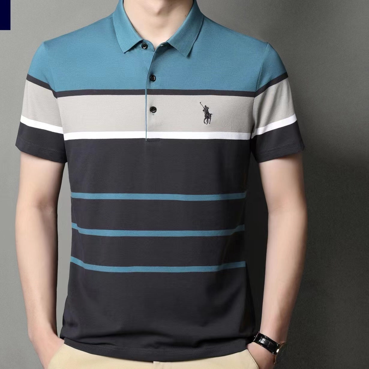 Summer casual Polo shirt turning striped short -sleeved T -shirt,