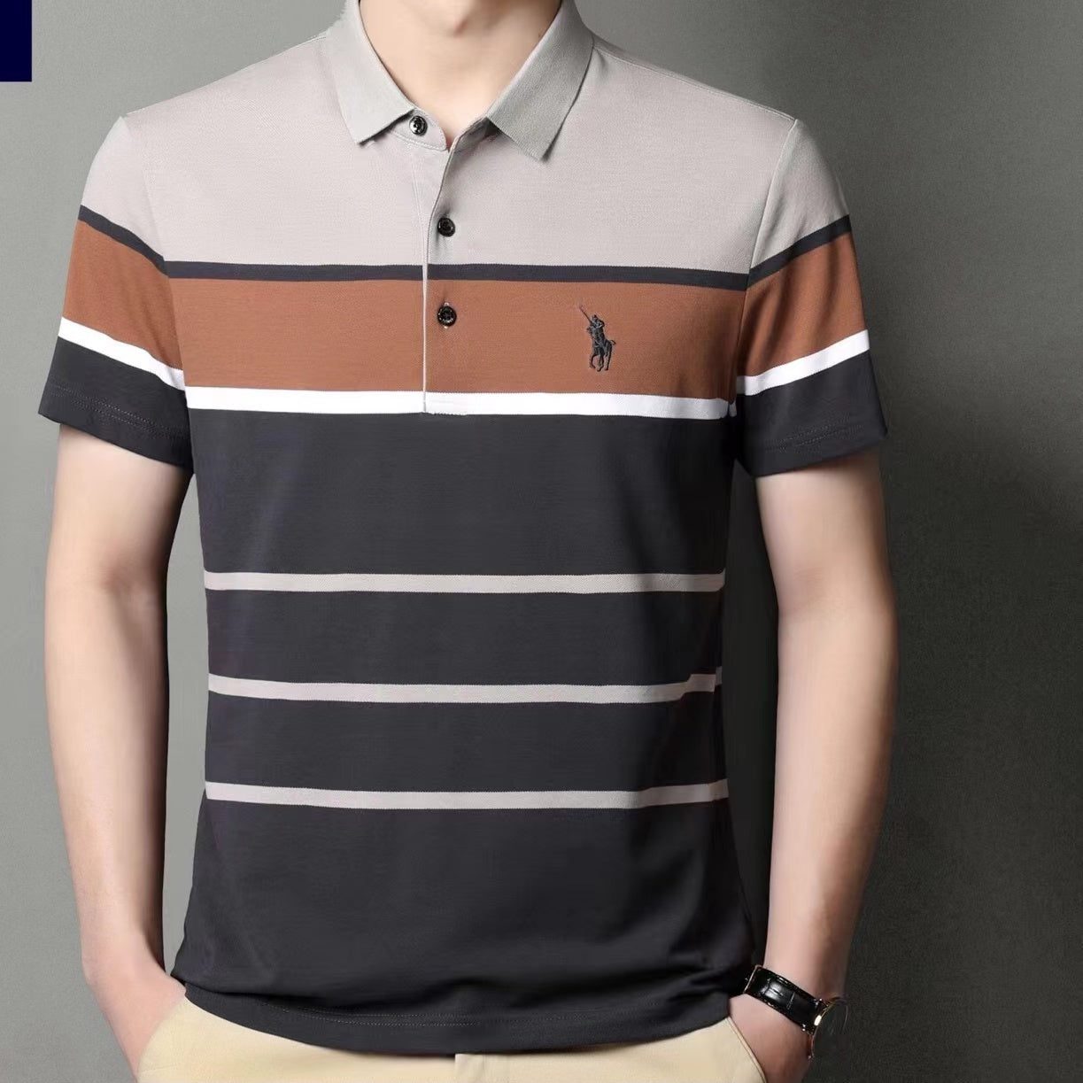 Summer casual Polo shirt turning striped short -sleeved T -shirt,