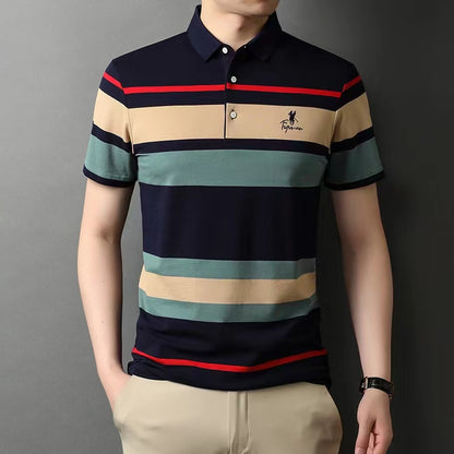 Men's Summer Short sleeved Polo Pure Cotton Stripes Comfortable and Sweat-absorbing New Summer