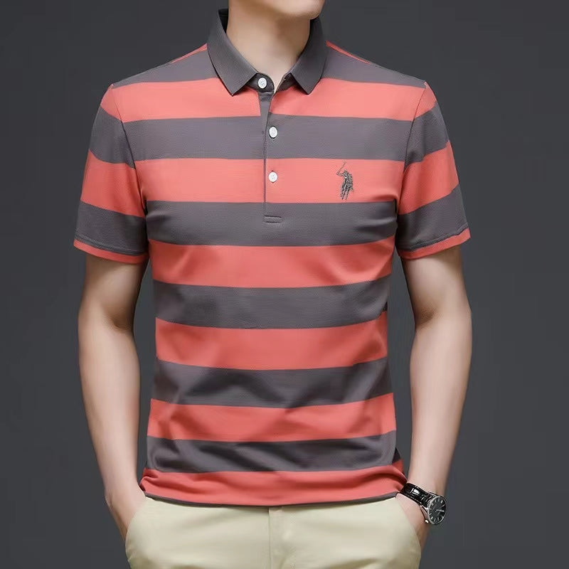 Men's Summer Short sleeved Polo Pure Cotton Stripes Comfortable and Sweat-absorbing New Summer