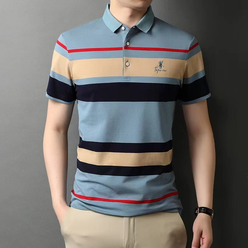 Men's Summer Short sleeved Polo Pure Cotton Stripes Comfortable and Sweat-absorbing New Summer