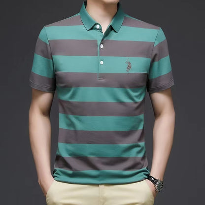 Men's Summer Short sleeved Polo Pure Cotton Stripes Comfortable and Sweat-absorbing New Summer