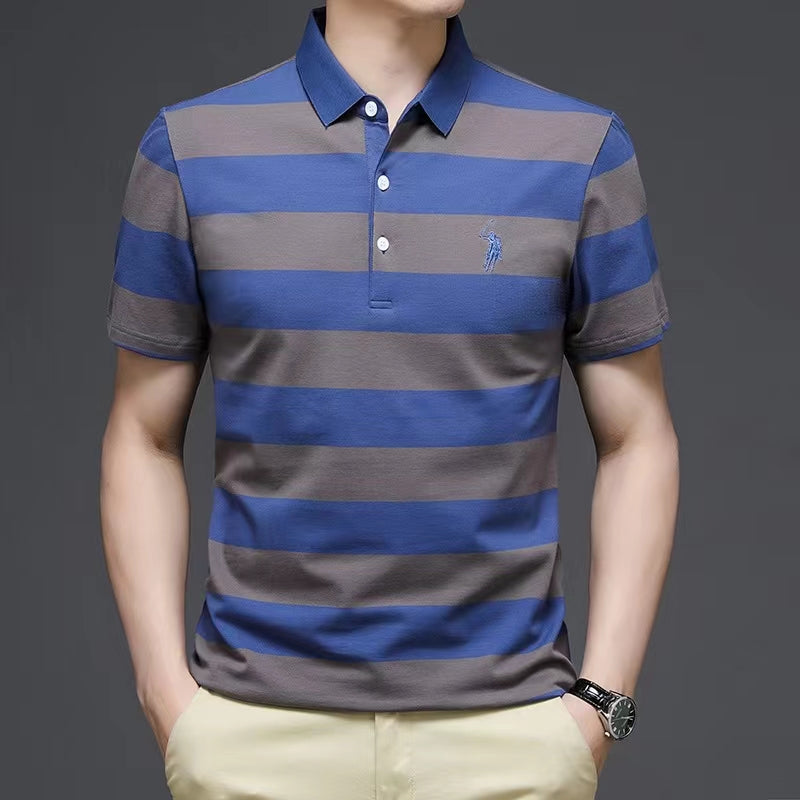 Men's Summer Short sleeved Polo Pure Cotton Stripes Comfortable and Sweat-absorbing New Summer