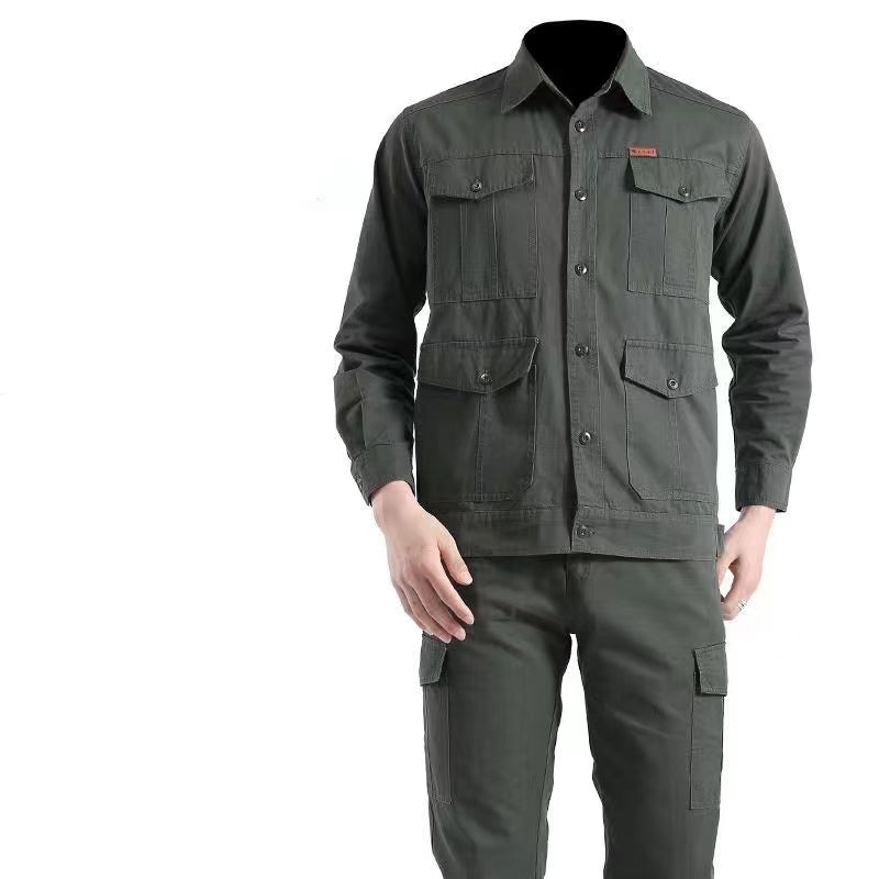 Men's set long sleeved work clothes made of pure cotton and wear-resistant