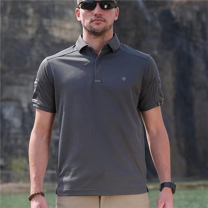 Men's short sleeved polo shirt with breathable and sweat wicking tactics