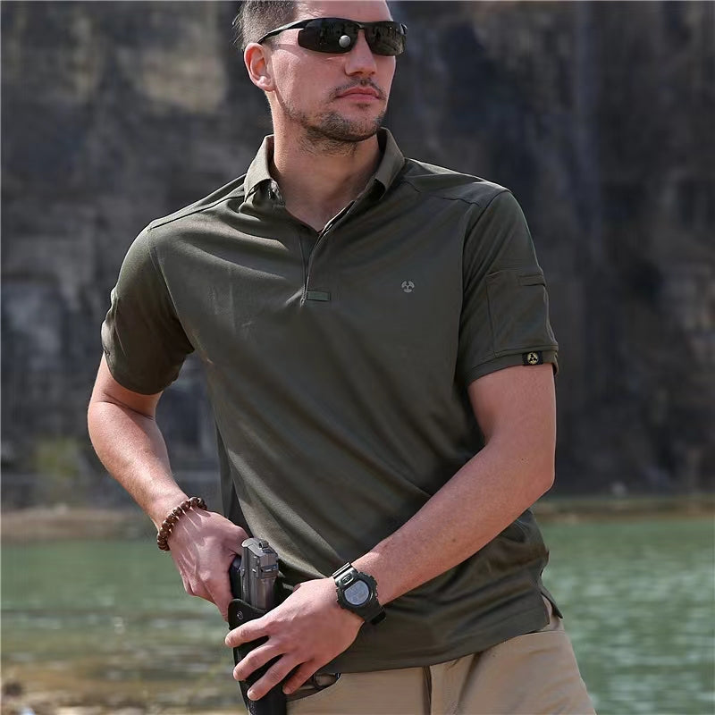 Men's short sleeved polo shirt with breathable and sweat wicking tactics