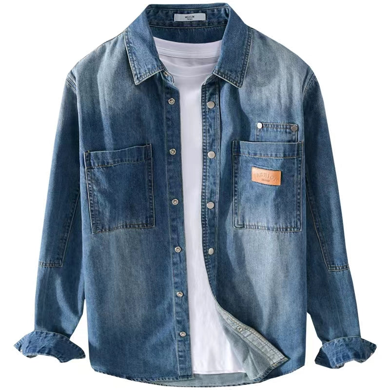 Men's shirt long sleeved denim, sweat absorbing and breathable