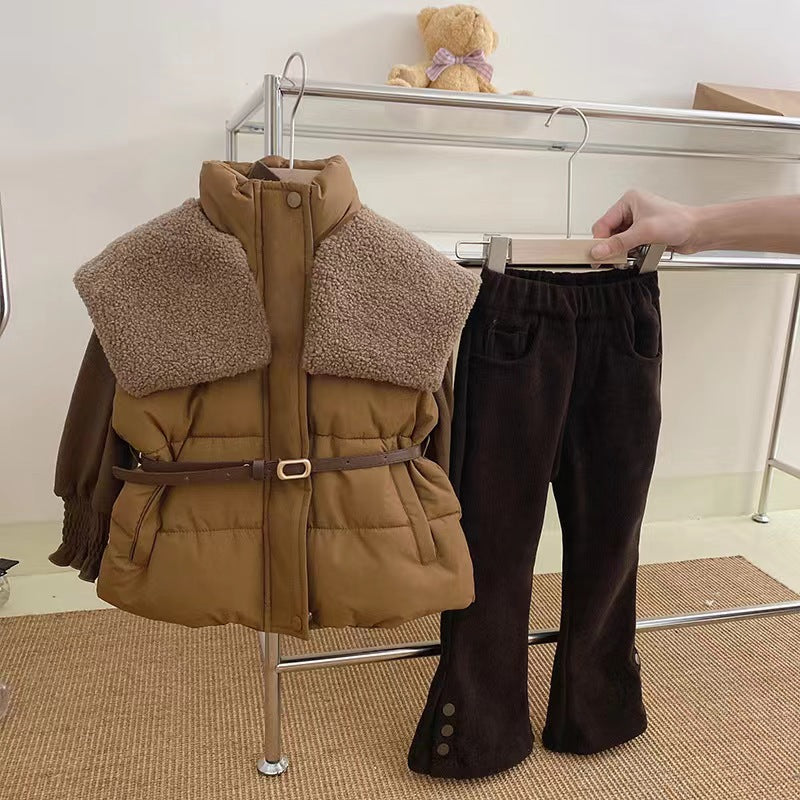 Girls' autumn and winter suits, thick quilted large lapels, short vests, high collars, versatile bottoming shirts, thickened flared pants