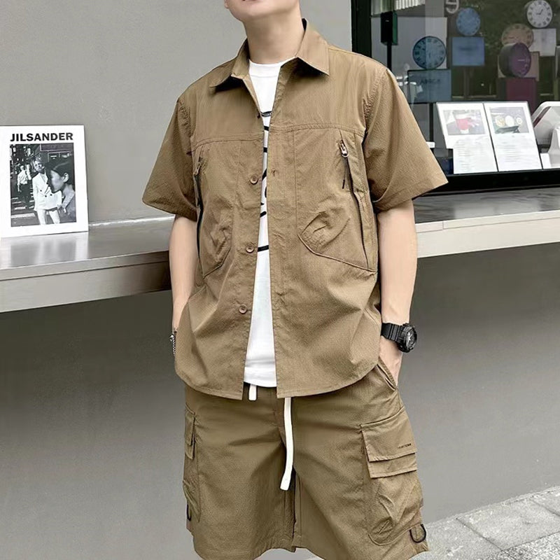 Summer new casual all-match solid color tooling two-piece suit men's loose youth couple shorts short-sleeved suit trendy