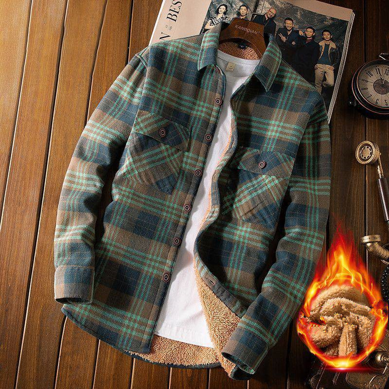 Full strength plus velvet shirt men's autumn and winter plaid long-sleeved shirt men's loose casual retro warm jacket tide