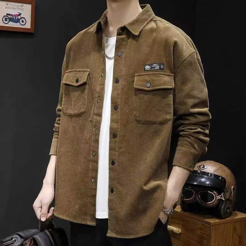 Corduroy work shirt men's large size plus size spring and autumn loose casual trend versatile long-sleeved shirt