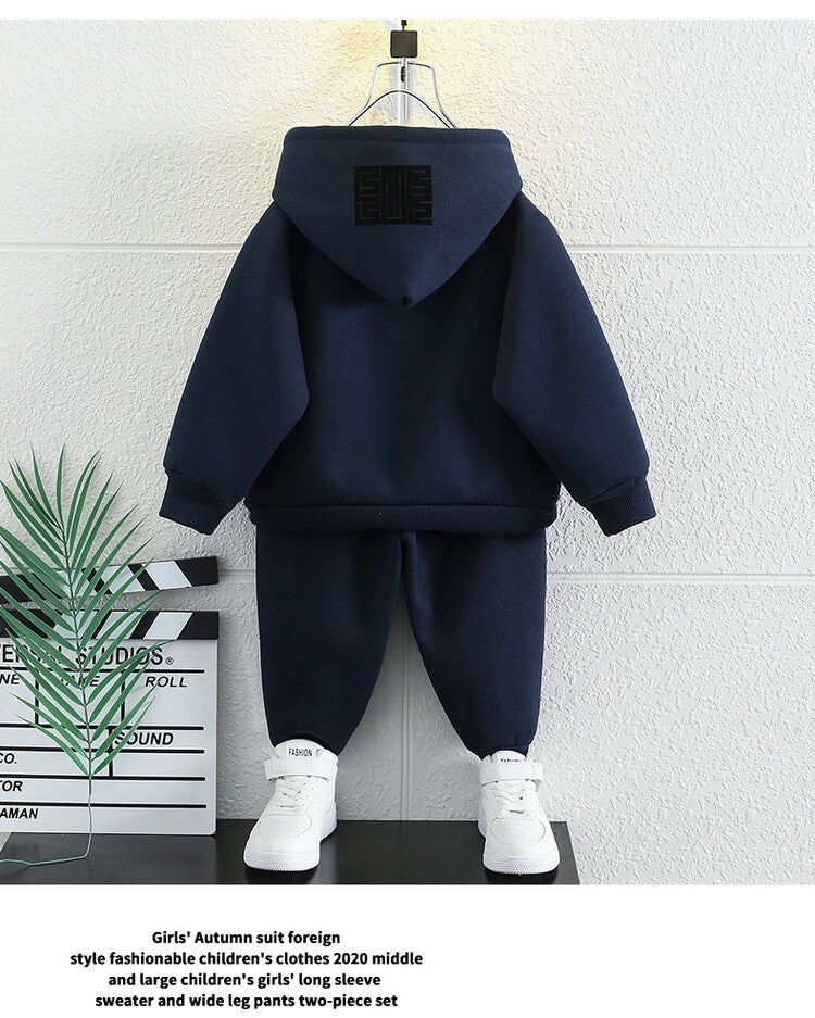 Boys' Hooded Sweater Set Autumn and Winter New Fashionable Children's Small and Medium Sized Children's Plush Boys' Plush and Handsome Winter Wear