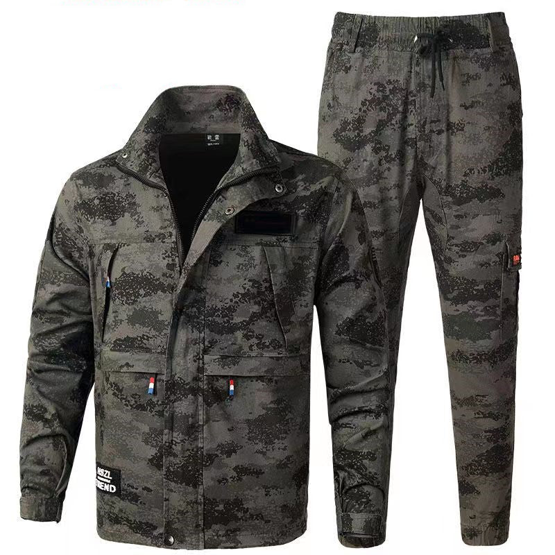 Spring and autumn style elastic work clothes suit men's pure cotton wear-resistant anti-scalding electric welding tooling construction site camouflage labor insurance clothing