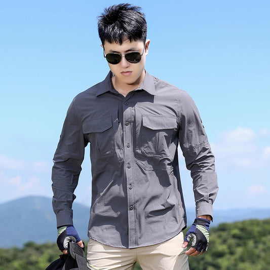 Men's Military Style New Men's Long Sleeve Slim Shirt Men's Long Sleeve Cotton Men's Shirt with Epaulets Double Pockets
