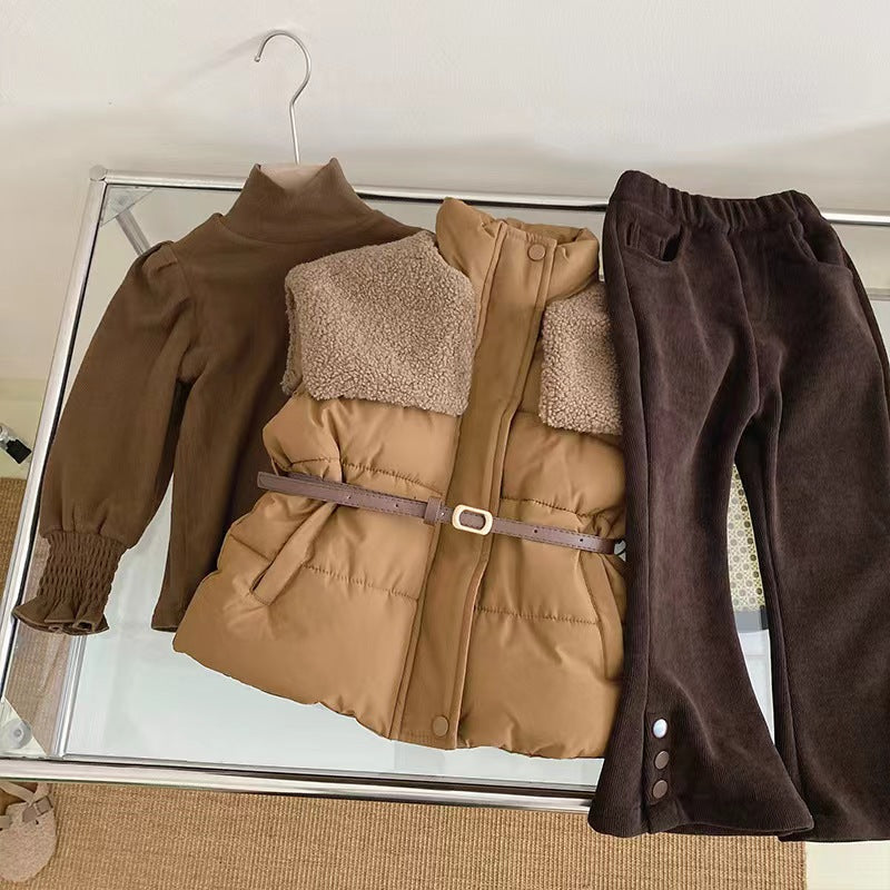 Girls' autumn and winter suits, thick quilted large lapels, short vests, high collars, versatile bottoming shirts, thickened flared pants