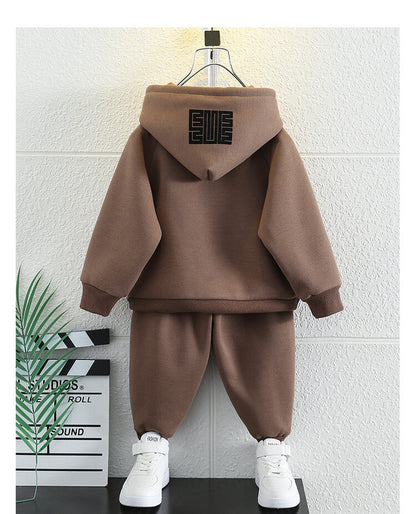 Boys' Hooded Sweater Set Autumn and Winter New Fashionable Children's Small and Medium Sized Children's Plush Boys' Plush and Handsome Winter Wear