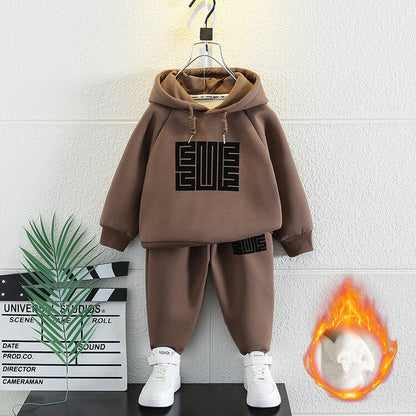 Boys' Hooded Sweater Set Autumn and Winter New Fashionable Children's Small and Medium Sized Children's Plush Boys' Plush and Handsome Winter Wear