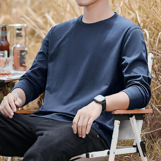 Long-sleeved T-shirt for men, spring and autumn pure cotton pullover bottoming shirt, loose inner layer, thick cotton top laye