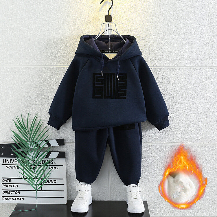 Boys' Hooded Sweater Set Autumn and Winter New Fashionable Children's Small and Medium Sized Children's Plush Boys' Plush and Handsome Winter Wear