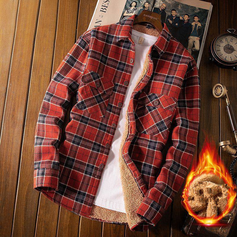 Full strength plus velvet shirt men's autumn and winter plaid long-sleeved shirt men's loose casual retro warm jacket tide