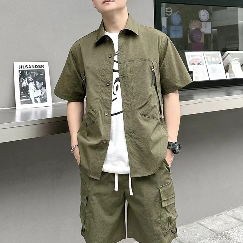 Summer new casual all-match solid color tooling two-piece suit men's loose youth couple shorts short-sleeved suit trendy