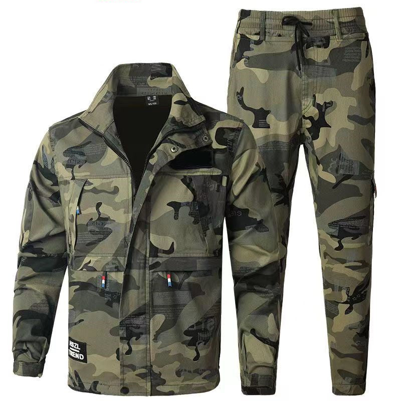 Spring and autumn style elastic work clothes suit men's pure cotton wear-resistant anti-scalding electric welding tooling construction site camouflage labor insurance clothing